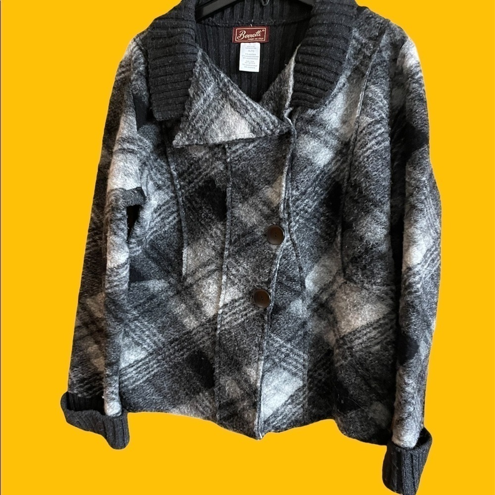 Baccini Women's Black and Gray Plaid Cardigan Sweater